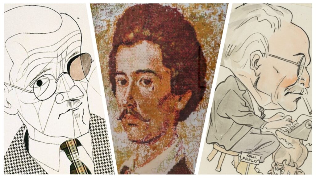 Artworks depicting the writers James Joyce, Sándor Petőfi and Friedebert Tuglas.